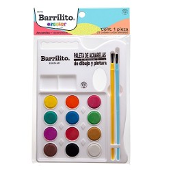 ACUARELA 12 COLORES CON PALETA DE PLASTICO Y 2 PINCELES-BARRILITO-ACUARELA
