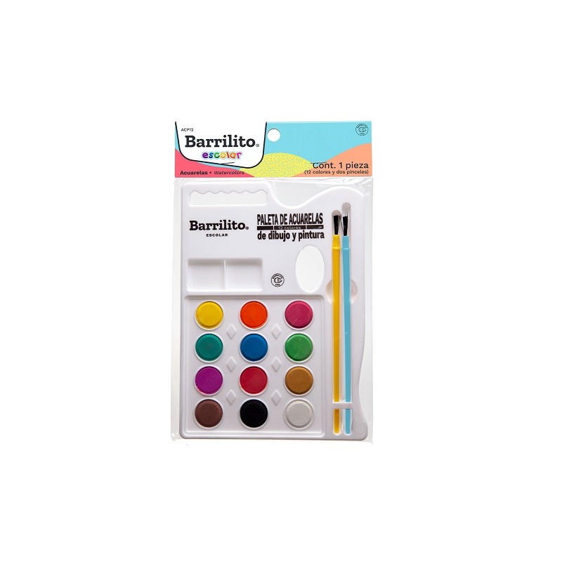 ACUARELA 12 COLORES CON PALETA DE PLASTICO Y 2 PINCELES-BARRILITO-ACUARELA