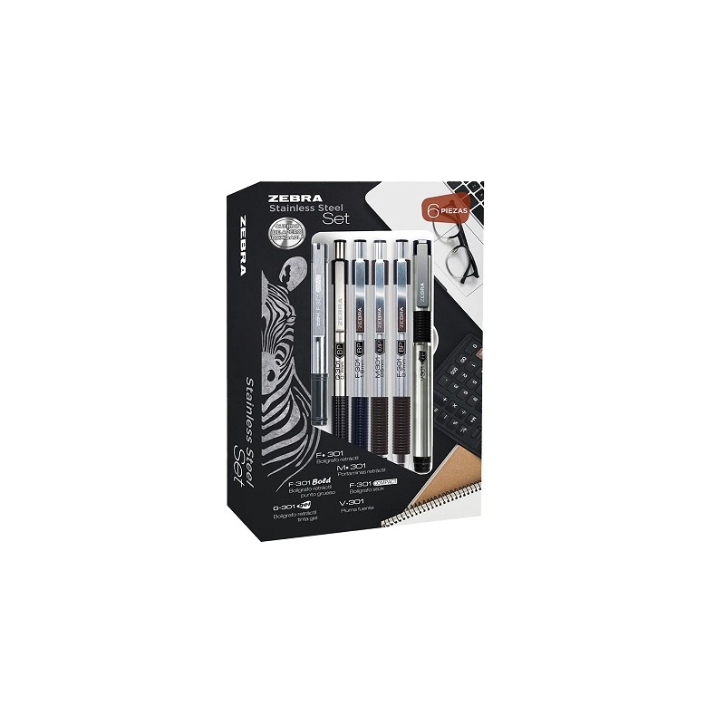 SET DE ESCRITURA STAINLESS STELL 6PZ-ZEBRA-BOLIGRAFO
